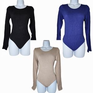 NWT Mono B Women's Ribbed Long Sleeve Thong Body Suit Bundle Black/Blue/Tan  L